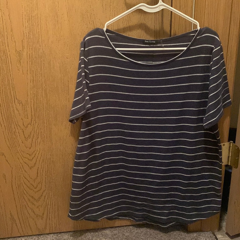 Blue Striped Tee With Button Detail on the Back - Pink Clover Brand